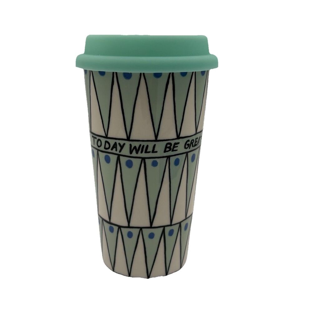 Molly Hatch Ceramic Travel Mug & Lid Anthropologie Today Will Be Great Geometric